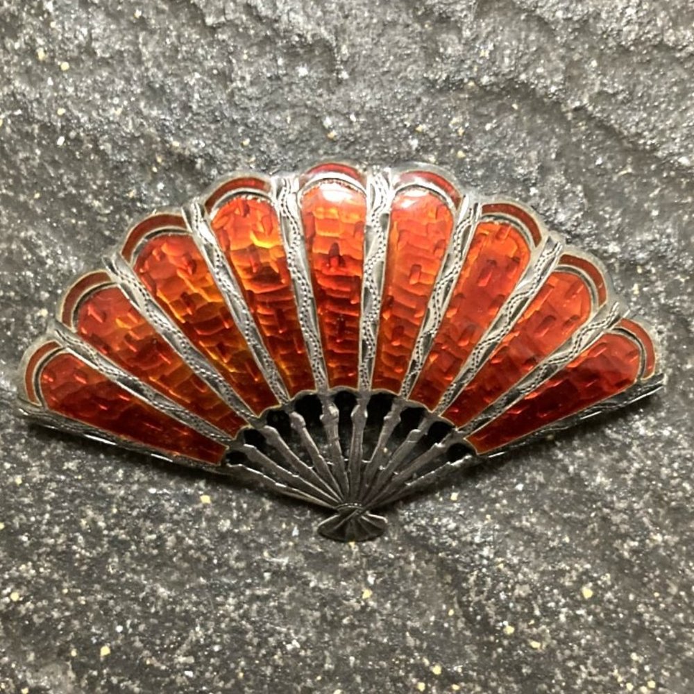 Rich ruby red enamel Siam Sterling vintage fan brooch